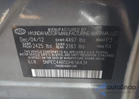 2013 Hyundai Sonata Se 2.0T z USA, uszkodzony, nr VIN 5NPEC4AB5DH656434